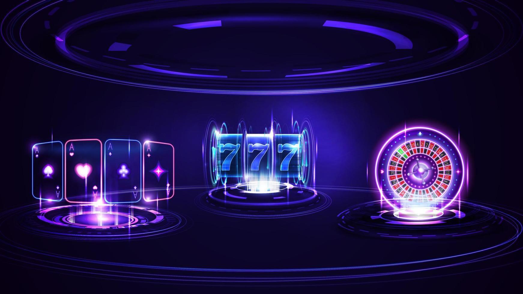 machine à sous de casino au néon, roue de roulette de casino, cartes à jouer et hologramme d'anneaux numériques dans une scène sombre et vide vecteur