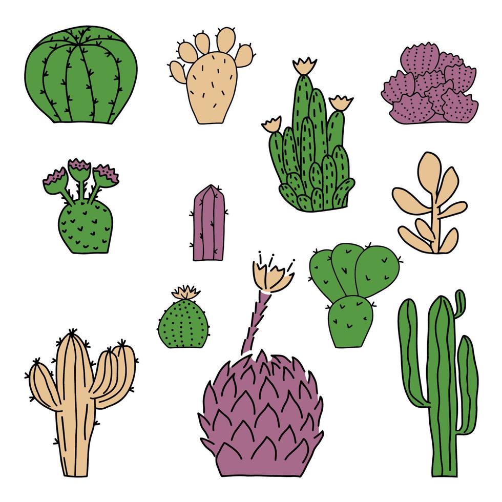 groupe de cactus de cactus dessinés à la main. éléments de doodle pour la conception. plantes du désert. illustration vectorielle isolée sur fond blanc vecteur