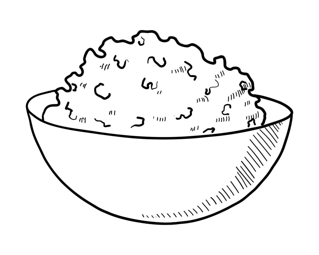 dessin de contour vectoriel d'une assiette profonde avec du fromage cottage ou de la bouillie sur fond blanc