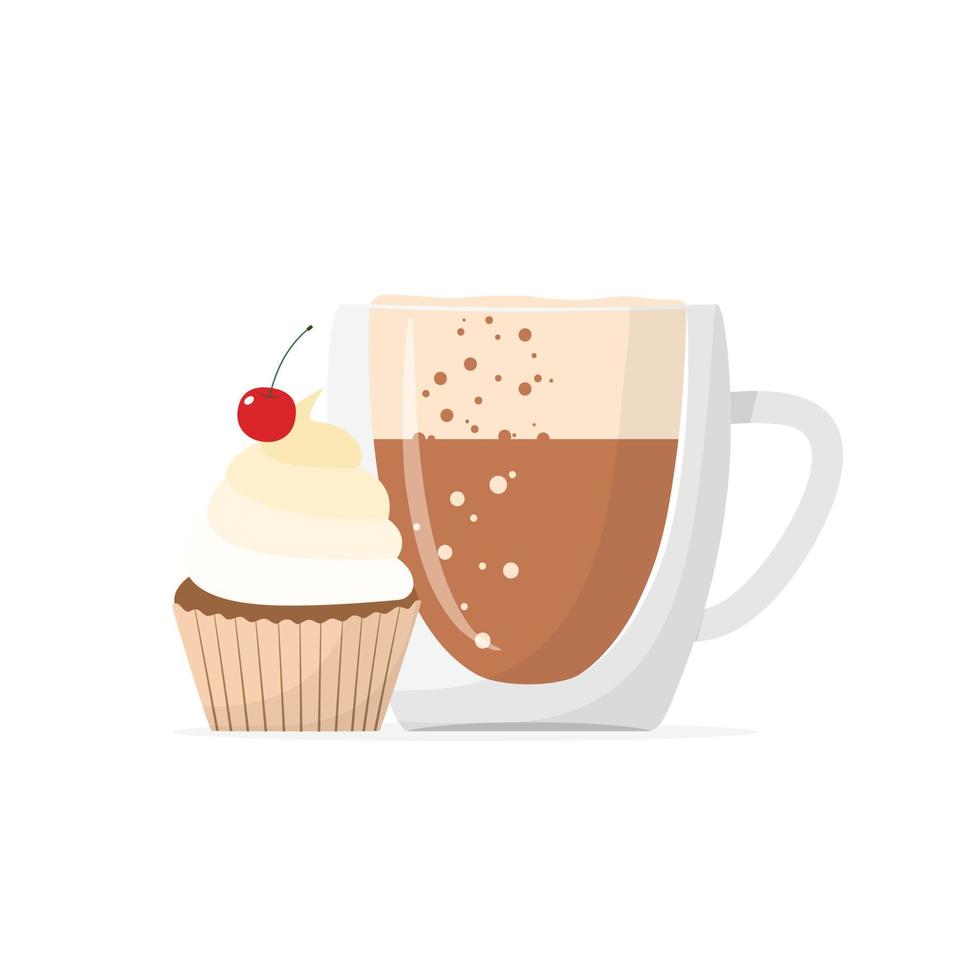 tasse en verre de cappuccino ou tard avec muffin. cupcake avec cerise et café. illustration vectorielle vecteur