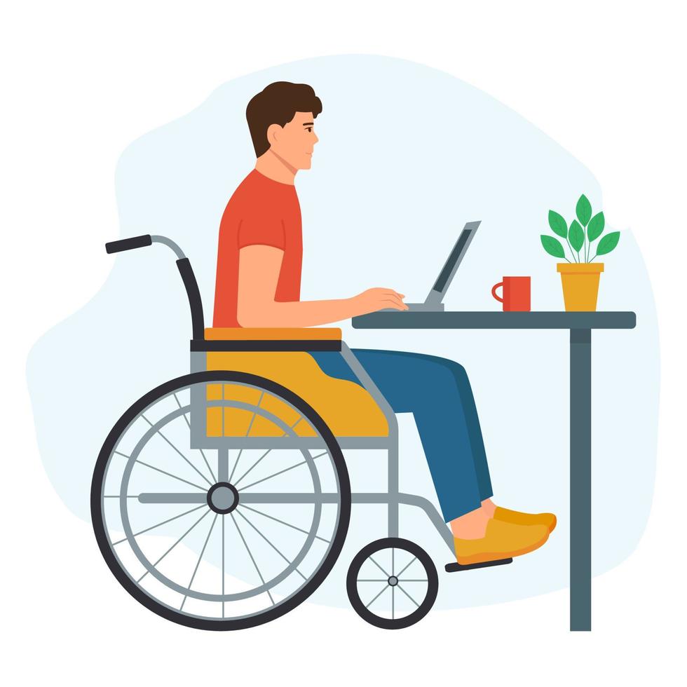 jeune femme handicapée en fauteuil roulant travaillant sur un ordinateur portable au bureau à domicile. femme handicapée sur le lieu de travail. l'emploi des personnes handicapées. illustration vectorielle plane. vecteur