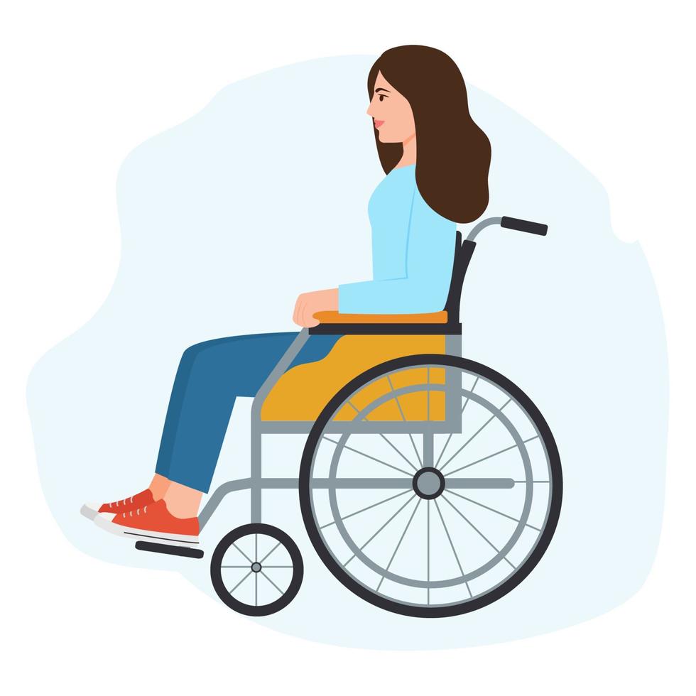 jeune femme handicapée assise sur un fauteuil roulant isolé sur blanc. personnage de fille handicapée. vivant avec un handicap, égalité des chances. illustration vectorielle plate vecteur