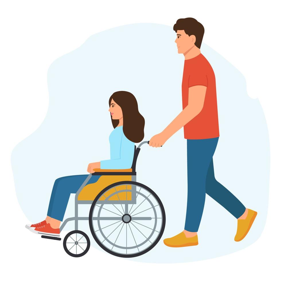 une femme handicapée s'amuse avec son amie. souriante jeune femme inclusive en fauteuil roulant avec un petit ami aimant derrière. illustration vectorielle d'aide et de soutien social vecteur