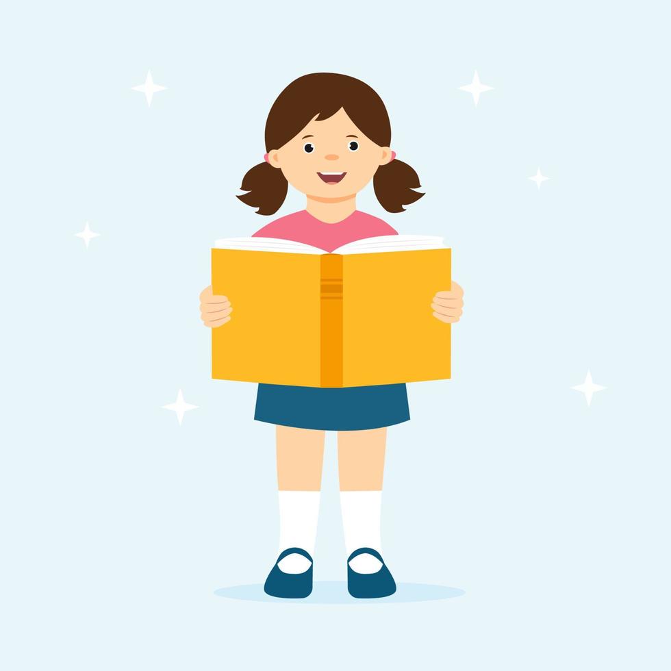 mignon enfant heureux tenant un livre dans les mains. fille se tient avec book.time pour apprendre le concept. illustration vectorielle vecteur