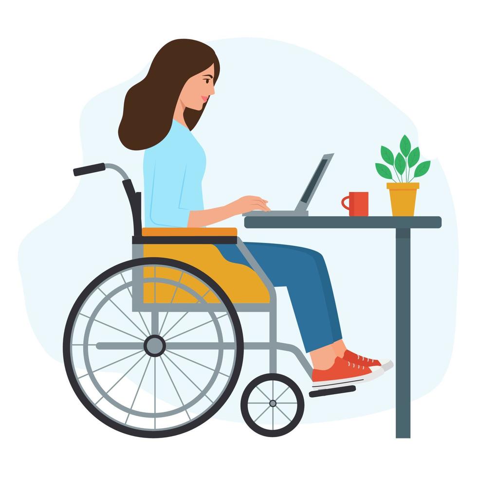 jeune femme handicapée en fauteuil roulant travaillant sur un ordinateur portable dans le bureau à domicile. femme handicapée sur le lieu de travail. l'emploi des personnes handicapées. illustration vectorielle plane. vecteur