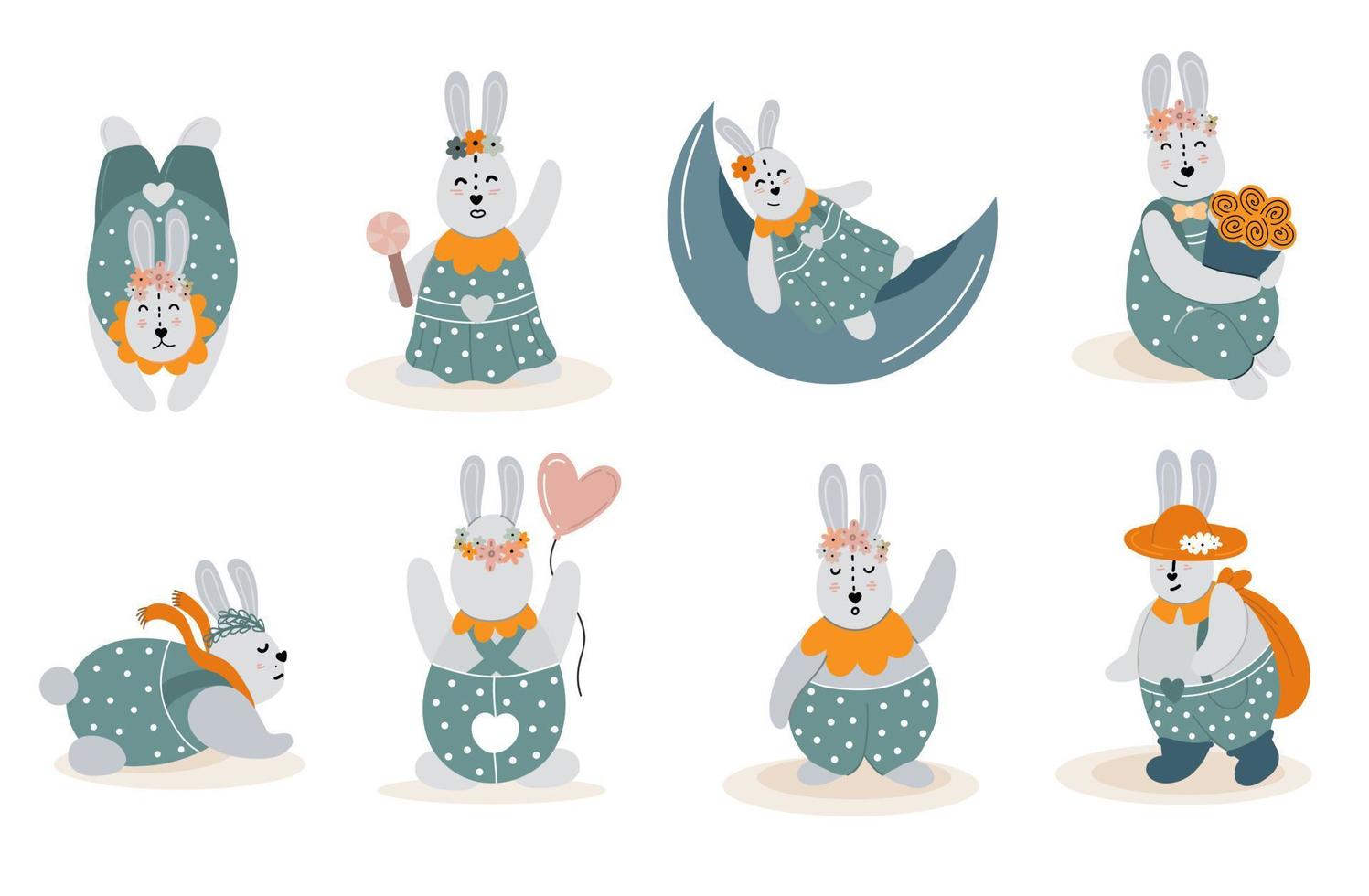 collection de lapins mignons sur fond blanc. un ensemble de lapins mignons en robes et costumes vecteur