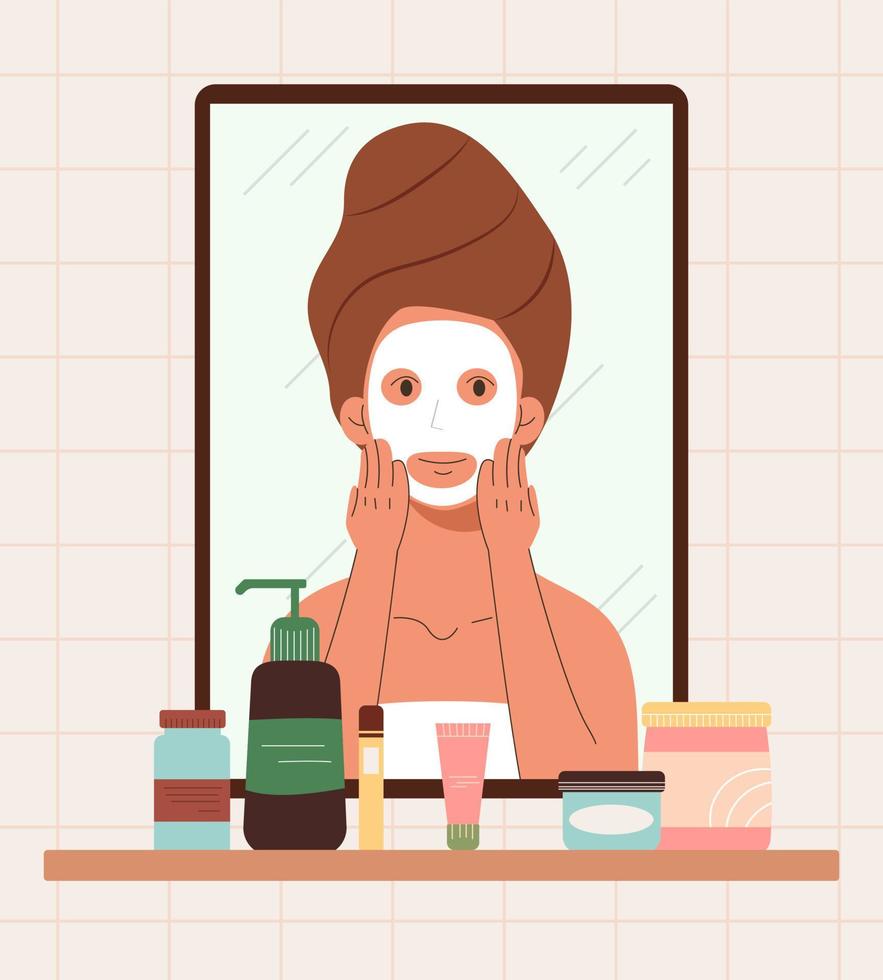 femme appliquant un masque facial dans la salle de bain vecteur
