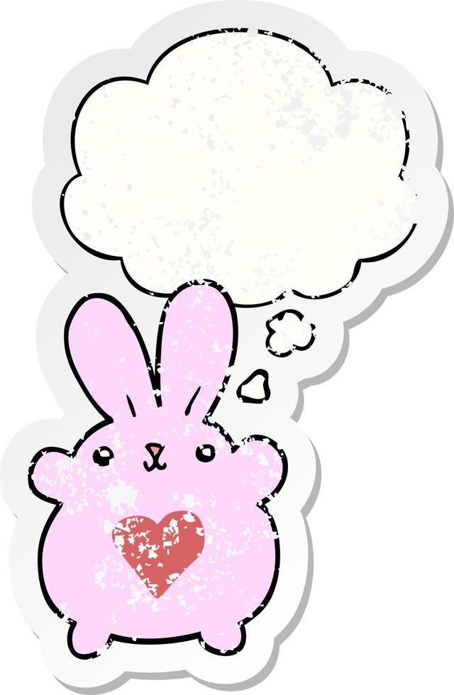 lapin de dessin animé mignon avec coeur d'amour et bulle de pensée comme un autocollant usé en détresse vecteur