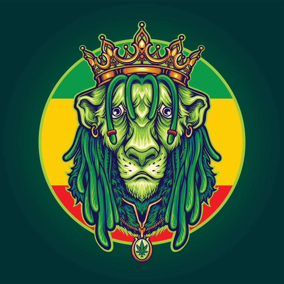 rasta lion king reggae avec des illustrations de mascotte de la couronne d'or vecteur