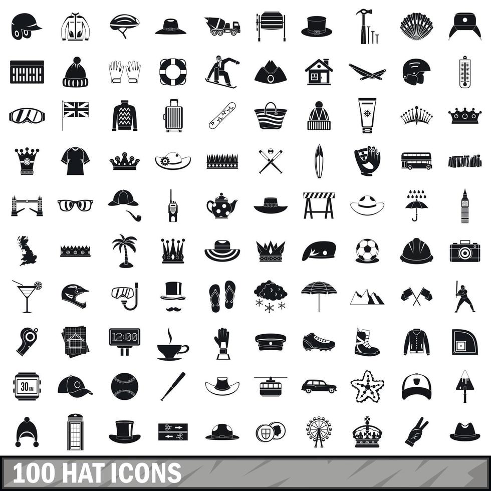 Ensemble de 100 icônes de chapeau, style simple vecteur