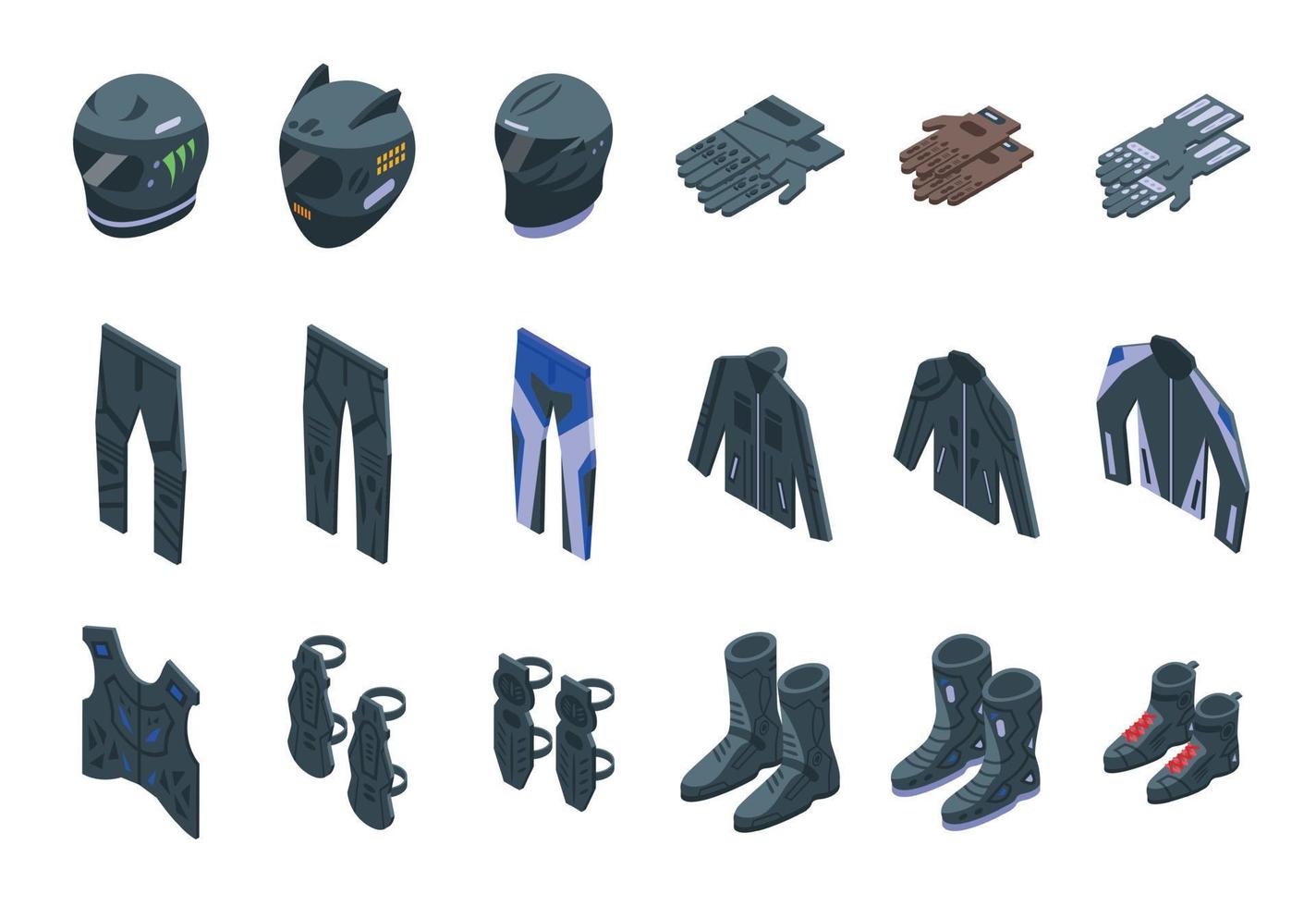 icônes d'équipement de moto définies vecteur isométrique. veste casque
