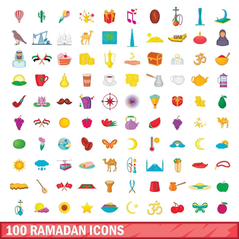 Ensemble de 100 icônes de ramadan, style cartoon vecteur