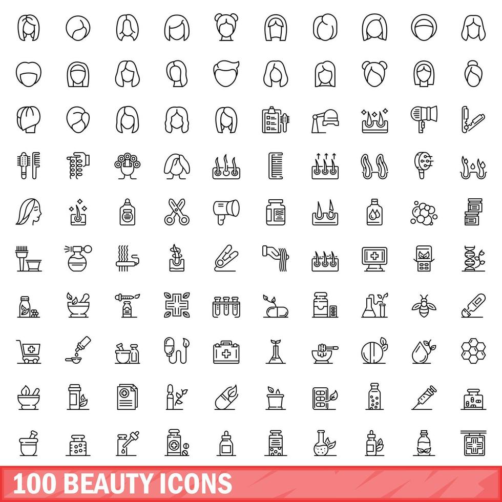 Ensemble de 100 icônes de beauté, style de contour vecteur