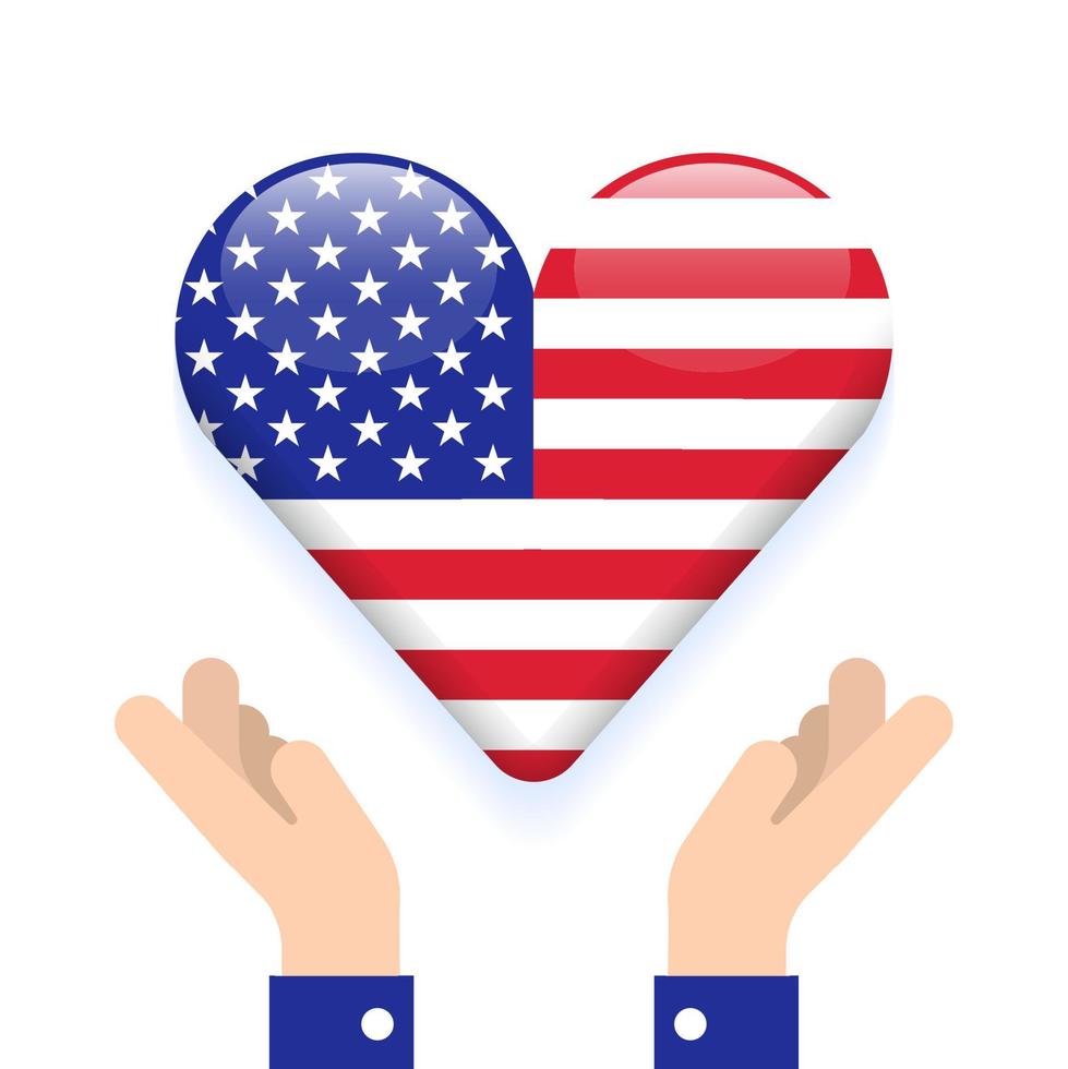 deux mains tenir usa drapeau indépendance mémorial fête du travail bouton cœur amour signe symbole sur la main attentionné espoir étoiles rayures états unis d'amérique pays isolé nation 3d carte icône illustration vectorielle vecteur