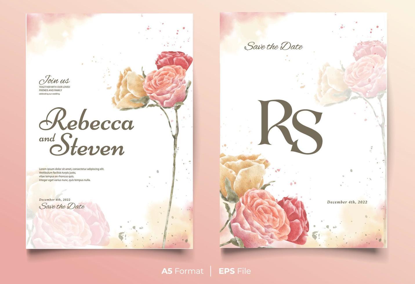 modèle d'invitation de mariage aquarelle avec ornement de fleur rose coloré vecteur