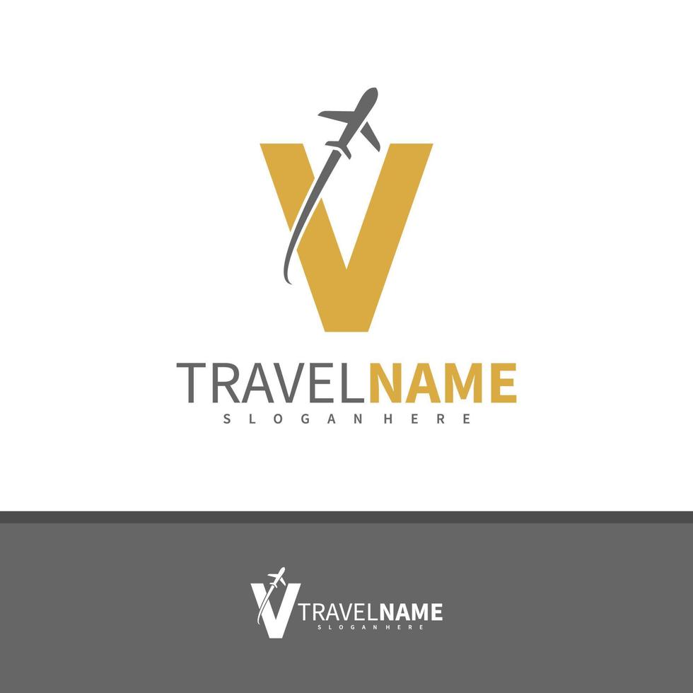 avion avec vecteur de conception de logo lettre v, illustration de modèle de concepts de logo de voyage créatif.