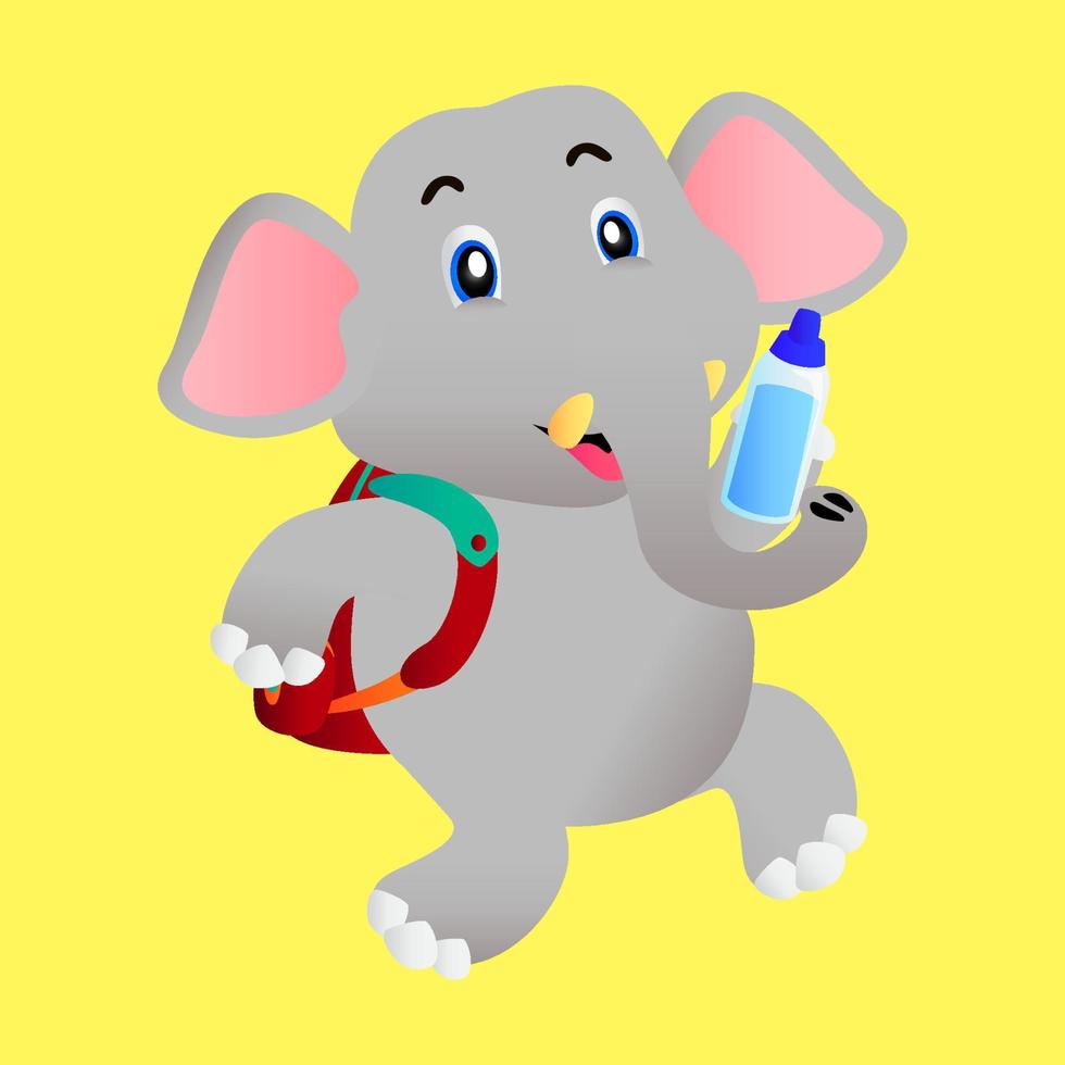 animal de dessin animé, éléphant vectoriel allant à l'école avec un visage joyeux, portant un sac d'école et une bouteille d'eau, sur fond jaune pastel