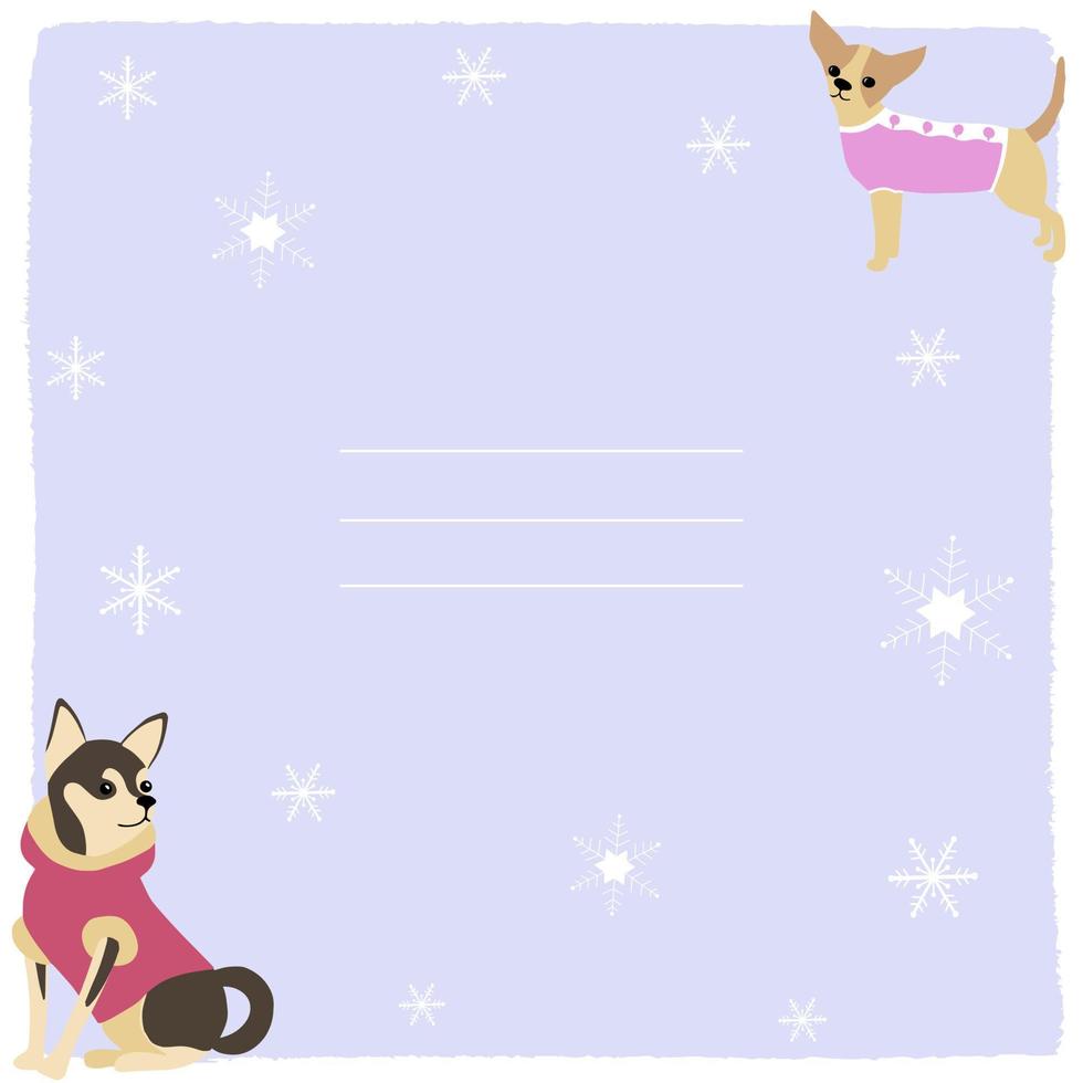 cadre vectoriel pour carte de noël ou couverture, avec des chiens drôles dans des vêtements chauds