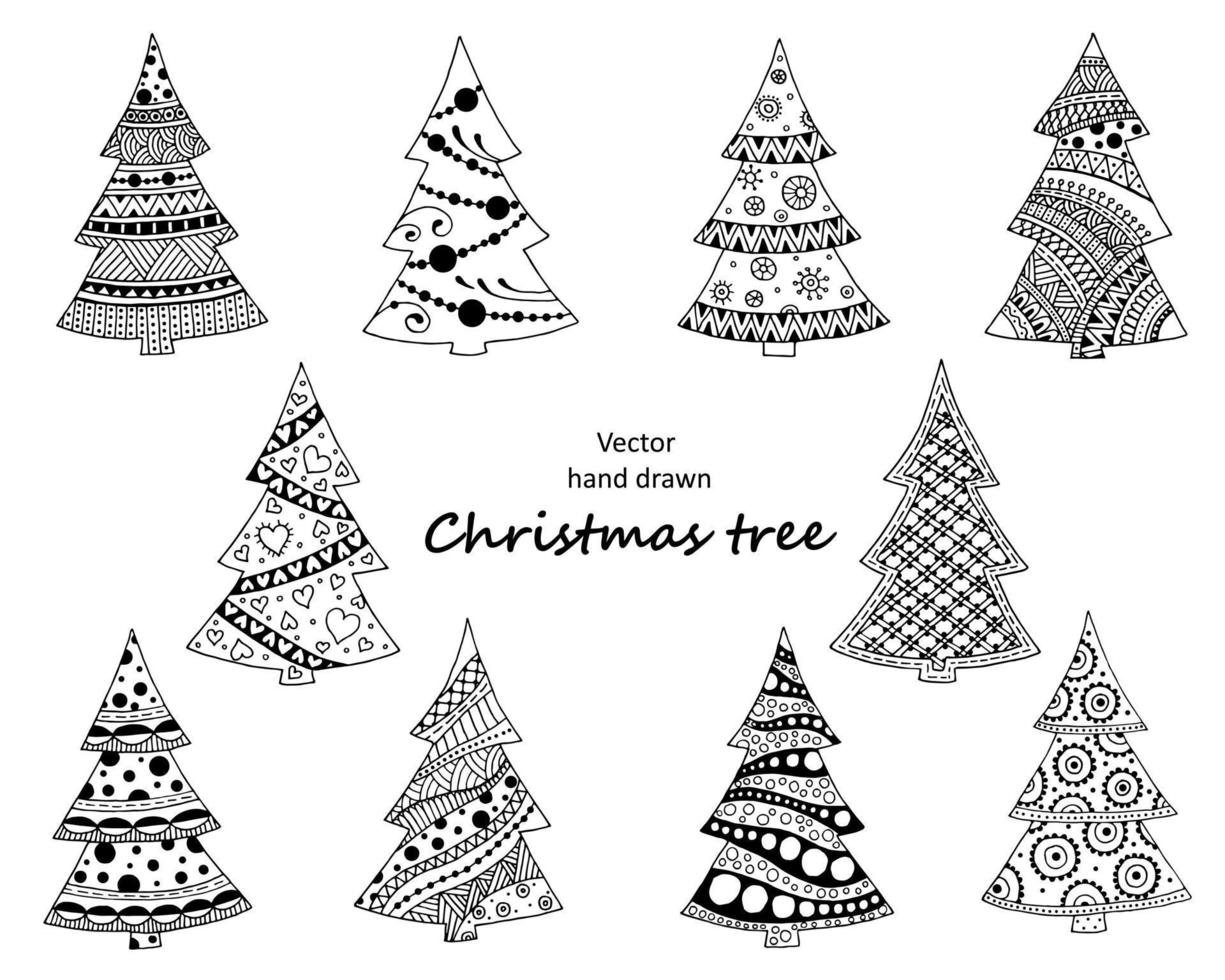 arbre de noël de croquis à la main. ensemble vectoriel d'illustrations stylisées. collection d'arbres de noël pour noël et nouvel an