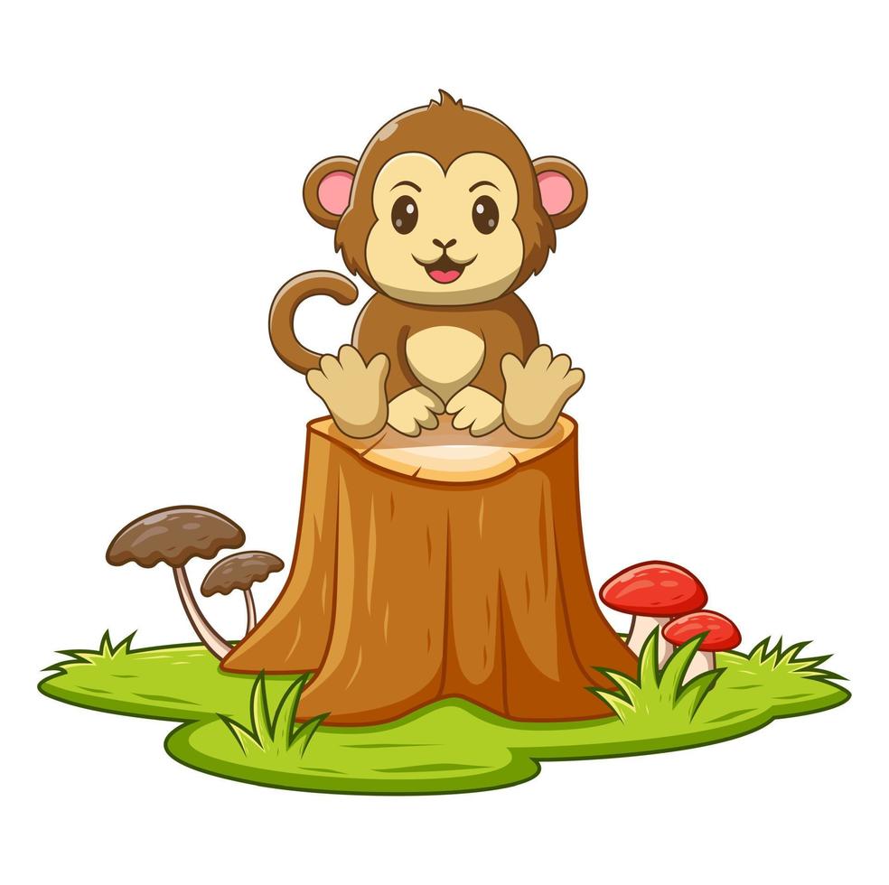 singe de dessin animé assis sur une souche d'arbre, personnage de dessin animé de mascotte de singe. concept d'icône animal blanc isolé. style de dessin animé plat adapté à la page de destination web, à la bannière, au dépliant, à l'autocollant, à la carte vecteur