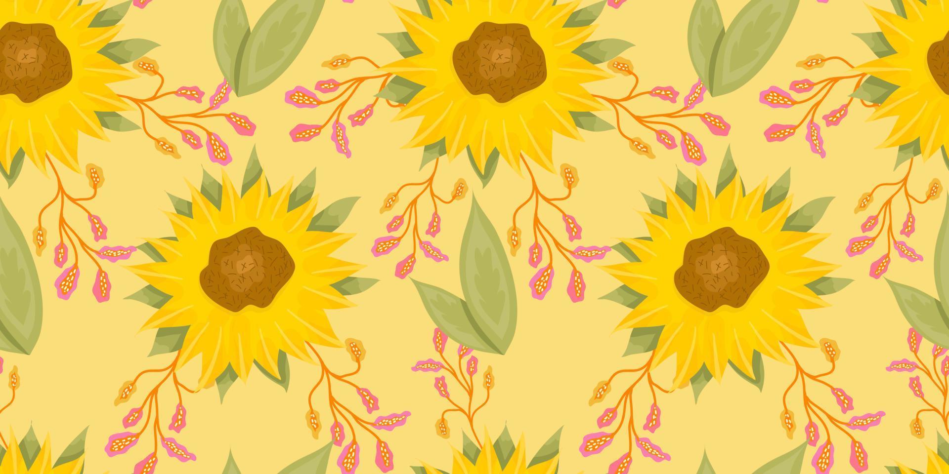 modèle sans couture de tournesol avec fleur, feuille. illustration de dessin animé jaune. motif floral sans couture. design floral lumineux d'été. illustration vectorielle vecteur