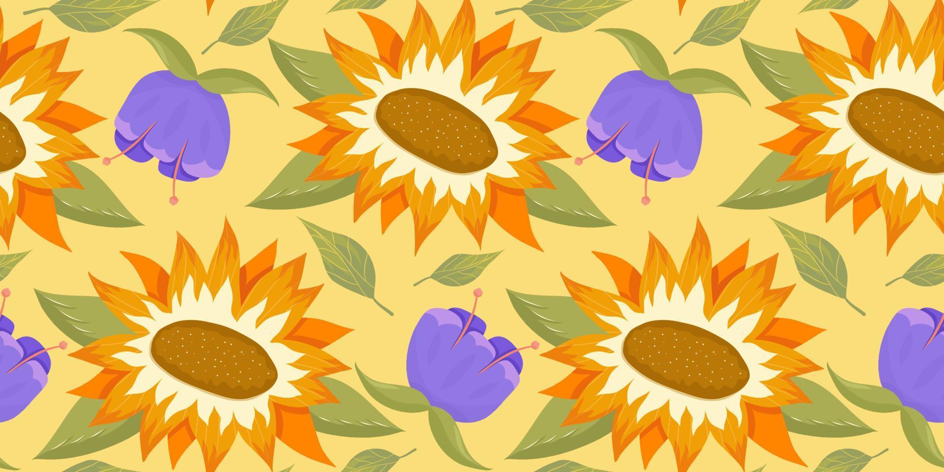 modèle sans couture de tournesol avec fleur, feuille. illustration de dessin animé jaune. motif floral sans couture. design floral lumineux d'été. illustration vectorielle vecteur