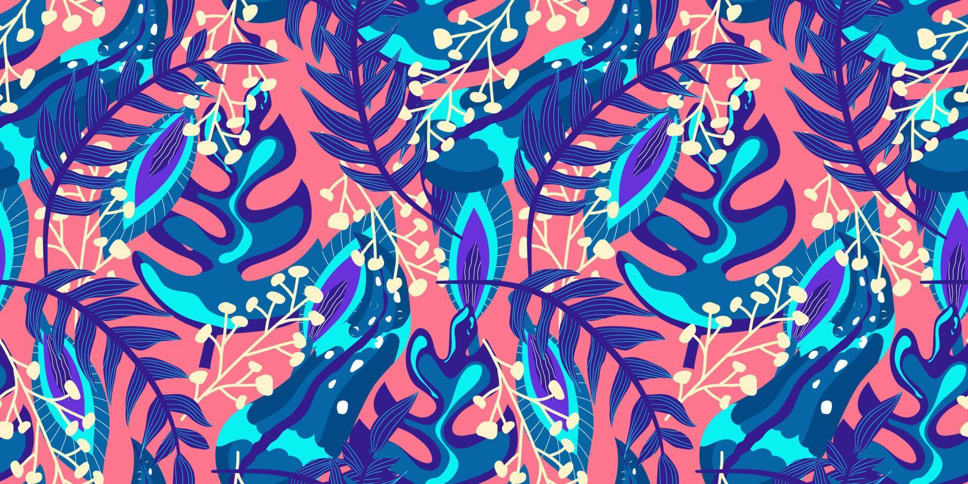 motif floral tropic néon sans couture sur fond bleu. néon floral pour un design d'été lumineux. jungle tropicale dans un style abstrait sur fond bleu vecteur