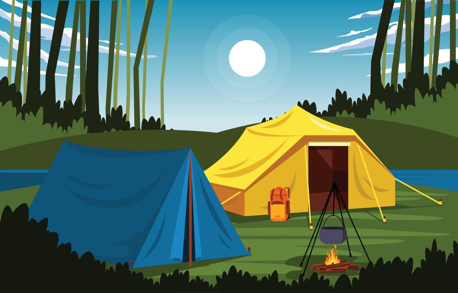 tente de camp d'été en plein air lac nature aventure vacances vecteur