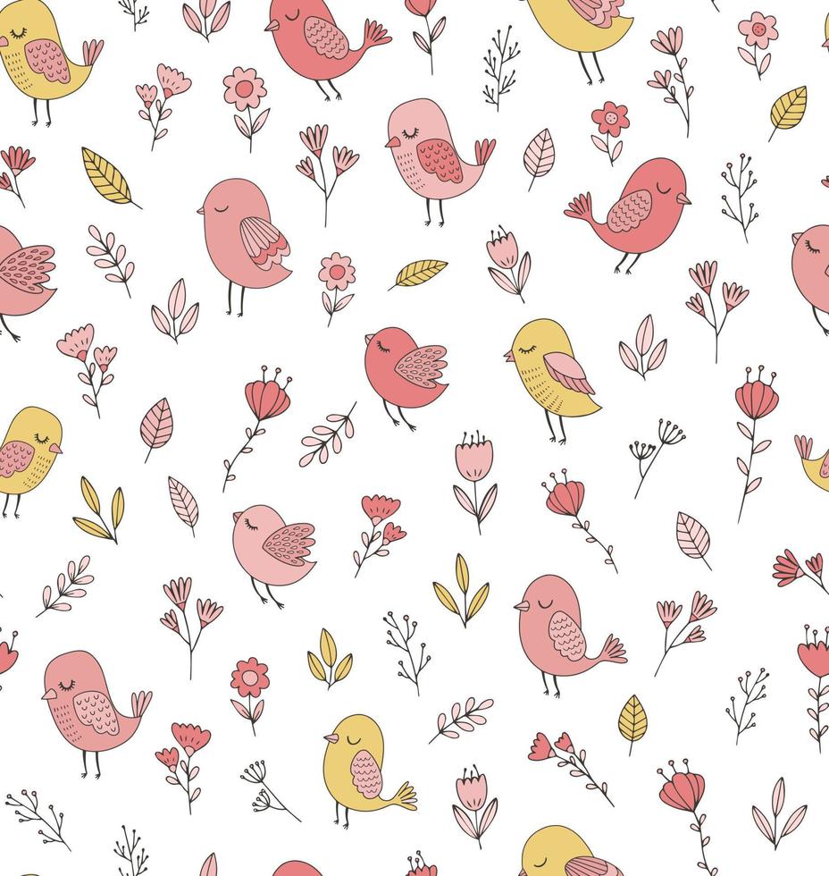 modèle vectoriel floral avec des oiseaux. mignons oiseaux et fleurs de doodle. arrière-plan transparent de printemps.