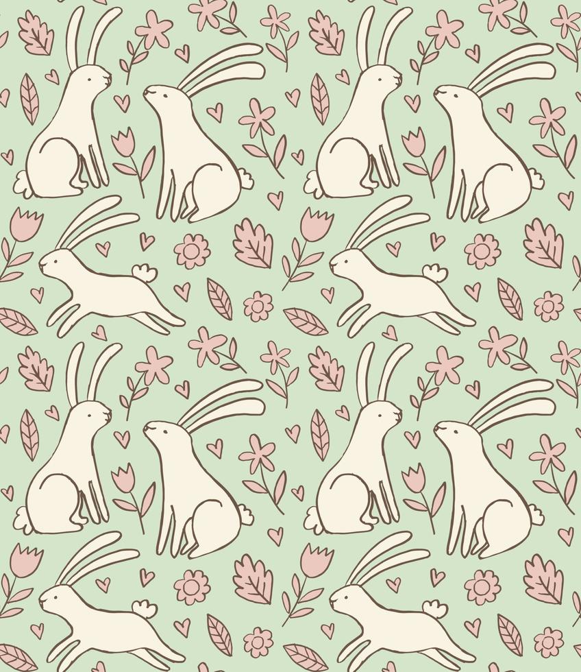 délicat motif vectoriel de printemps avec des lapins et des fleurs. arrière-plan harmonieux de lapins mignons dans un style doodle.