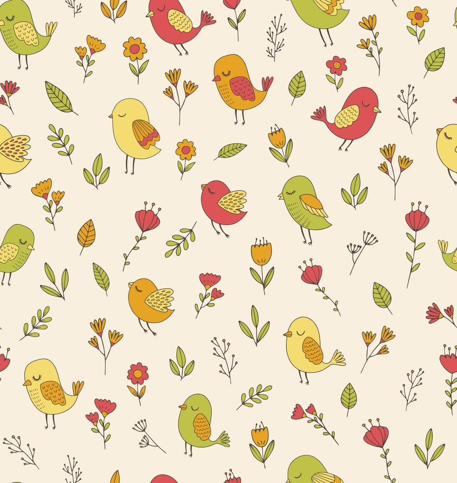 modèle vectoriel avec des oiseaux, des fleurs et des feuilles de doodle dessinés à la main. fond floral de printemps sans couture dans des couleurs vintage.