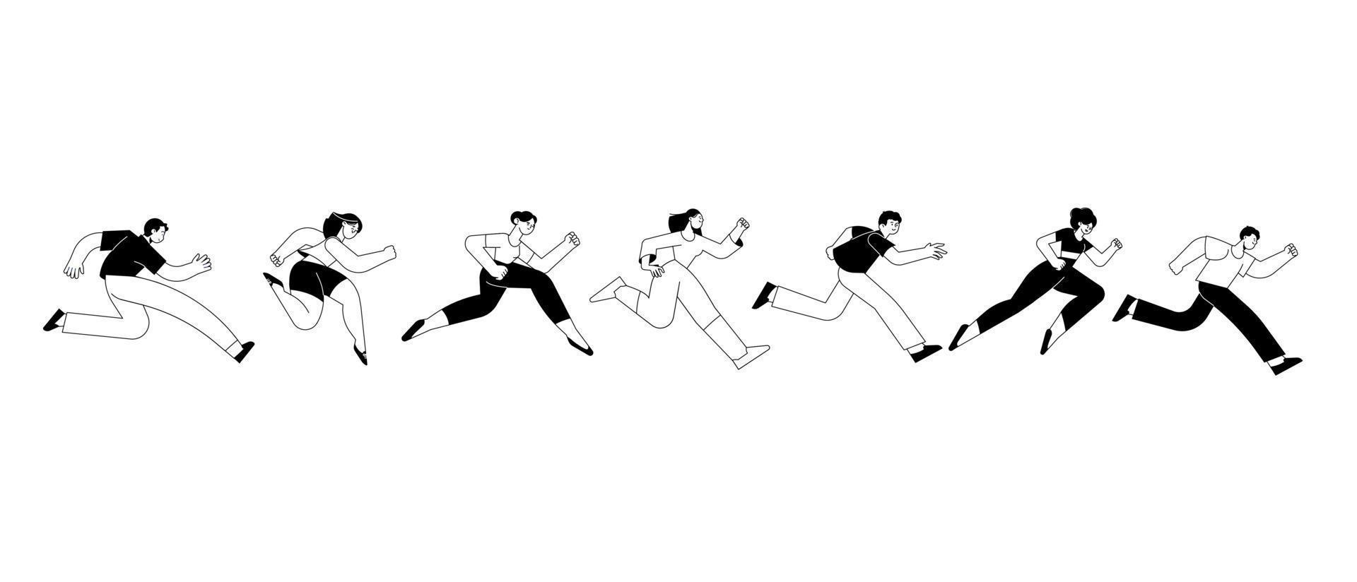 style de conception de ligne à la mode des personnes en déplacement. illustration vectorielle de la course masculine et féminine active, de la compétition, de la course au succès, de la carrière, du défi, de la course de marathon, de l'ambition, des loisirs et du sport. vecteur