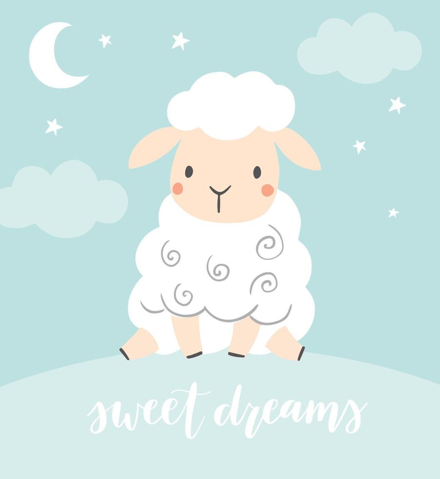 beaux rêves. mouton mignon avec ciel nocturne, lune et étoiles. baby shower fille ou garçon ou décor de crèche. conception pour bébé, affiche pour enfants, art mural de pépinière, carte, invitation. vecteur