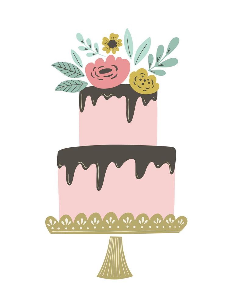 illustration vectorielle de gâteau de mariage avec glaçage au chocolat et décoration florale. gâteau de mariage ou d'anniversaire vintage rétro pour les invitations, cartes de voeux et autres. vecteur