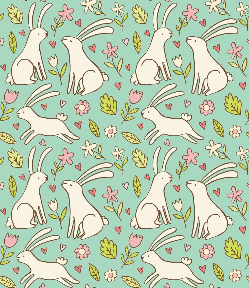 joli motif floral de pâques avec des lapins. doodle vecteur fond transparent avec des lapins, des fleurs et des feuilles.