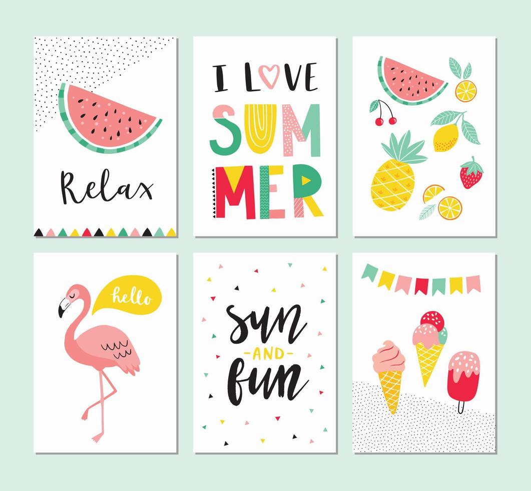 ensemble vectoriel de cartes et d'affiches d'été lumineuses avec des mots de typographie de lettrage dessinés à la main. j'aime l'été, le soleil et le plaisir, se détendre, pastèque, fruits, flamant rose, crème glacée