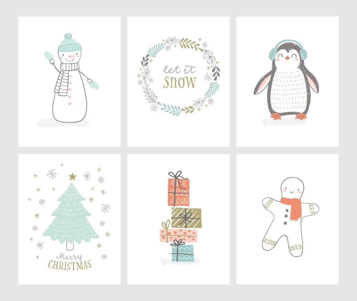 ensemble de cartes de voeux de noël dans un style dessiné à la main. illustration vectorielle mignonne de pingouin, bonhomme de neige, gingembre, arbre de noël, coffrets cadeaux, flocons de neige, couronne d'hiver. vecteur