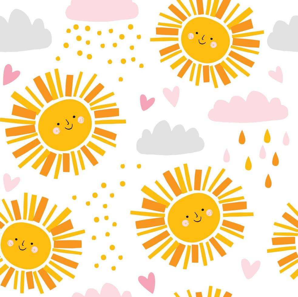 joli motif de soleil et de nuages avec des coeurs. fond girly sans soudure de vecteur. illustration de temps de dessin animé drôle d'été. vecteur