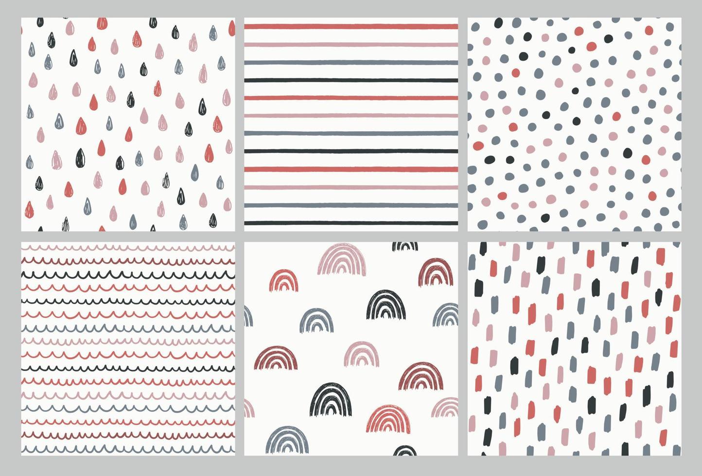 ensemble de motifs vectoriels dessinés à la main dans des couleurs tendance. griffonnages à l'encre. arc-en-ciel, rayures, points, gouttes de pluie, coups de pinceau. arrière-plans géométriques sans soudure. vecteur