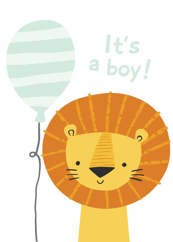 lion de dessin animé avec un ballon. c'est un garçon. personnage de lion mignon pour invitation de douche de bébé garçon, carte de voeux, fête d'anniversaire, affiche d'art de pépinière. vecteur