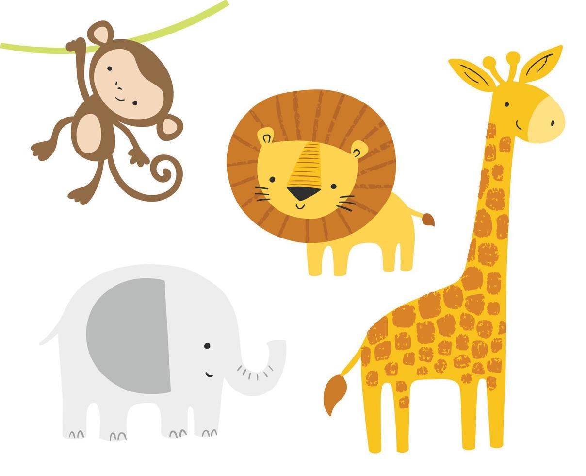 joli ensemble d'animaux de la jungle. vecteur de dessin animé bébé lion, éléphant, girafe, singe. graphiques pour enfants, art, affiches.