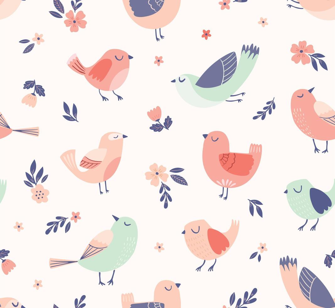 motif vectoriel floral d'oiseaux mignons. printemps, fond harmonieux d'été avec des oiseaux, des fleurs et des feuilles.