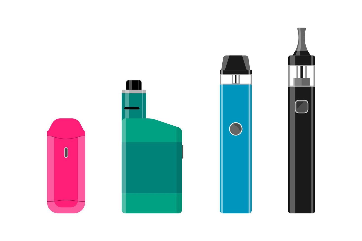 ensemble de cigarettes électroniques. équipements colorés de hipster stylo vape pour fumer. collection de cigarettes électroniques pour le vapotage. différents vaporisateurs pour la publicité des magasins de vapotage. illustration de vecteur plat eps