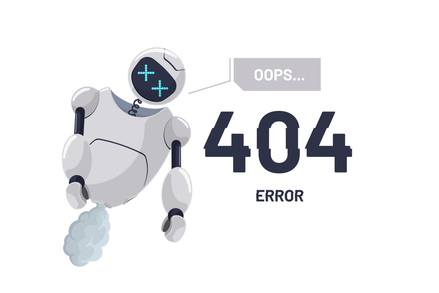 page de site Web introuvable erreur 404. personnage de robot cassé. mascotte chatbot désactivée. site sur le modèle de conception web de travail technique. accident de crash de bot en ligne de dessin animé. échec de l'assistance robotique. vecteur eps