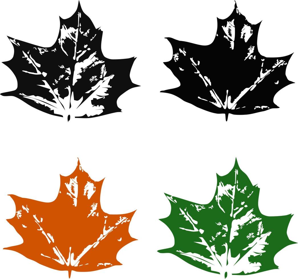 un ensemble d'impressions de feuilles d'automne de l'érable, noires et colorées sur fond transparent. illustration vectorielle vecteur