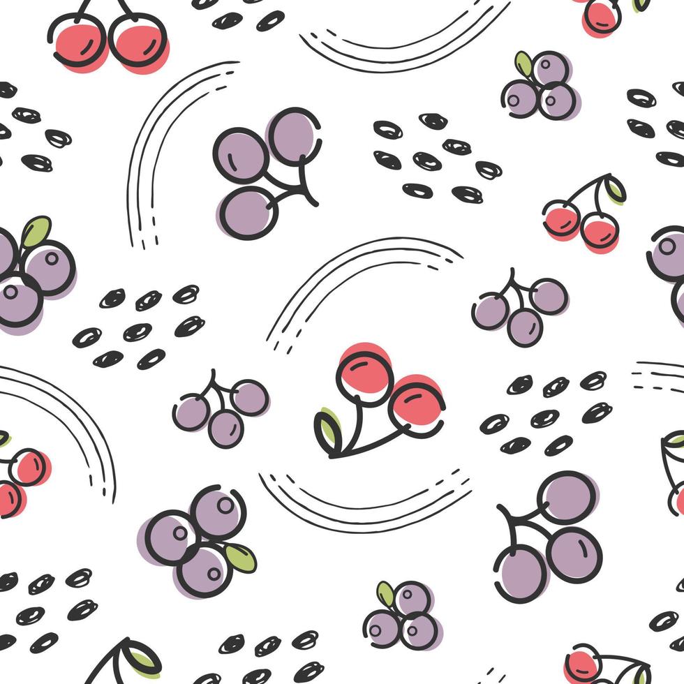 motifs de dessin animé sans couture avec cerise, raisin, myrtille et feuilles vertes sur fond blanc, illustration vectorielle. vecteur