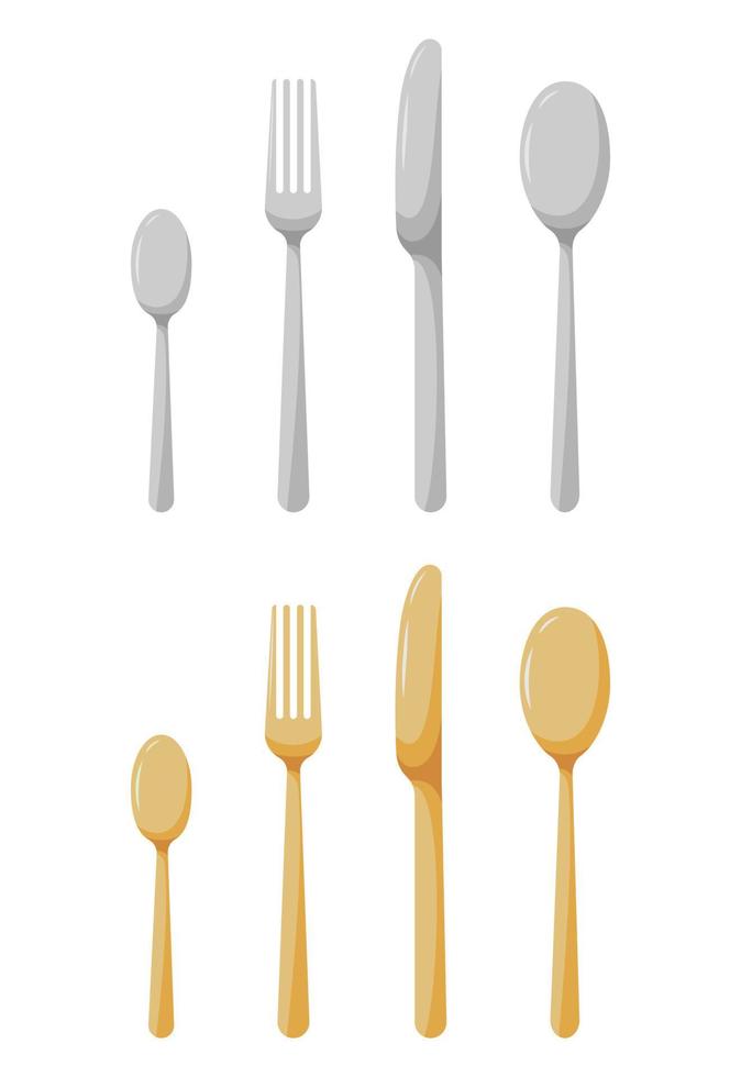 cuillère, couteau et fourchette vaisselle isolé sur fond blanc jeu d'icônes. silhouette d'outils de cuisine argent et or de dessin animé. illustration vectorielle de style plat. vecteur