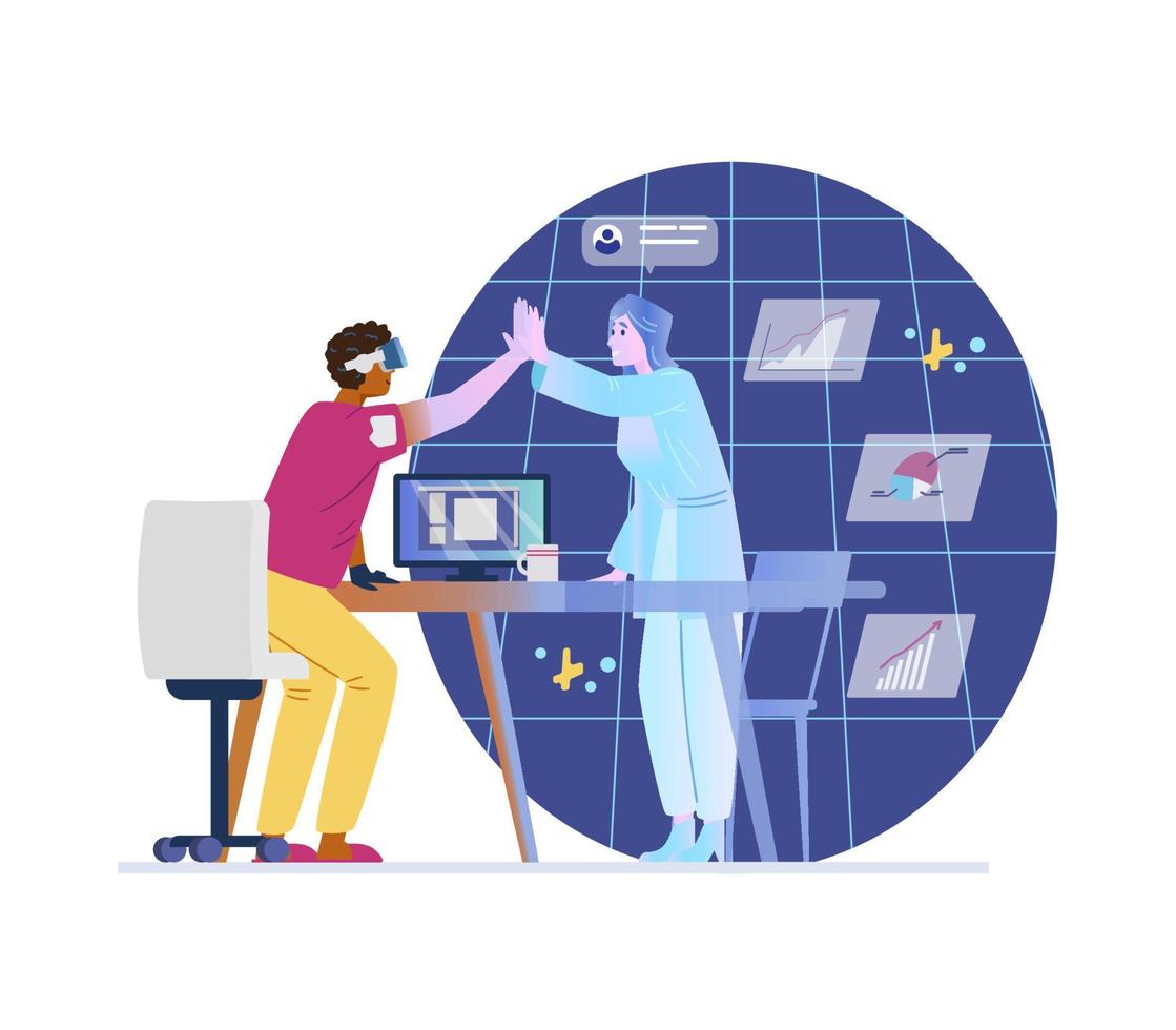 collègues travaillant sur le projet dans l'illustration vectorielle plane du métaverse. homme et femme hologramme donnant un high five dans la salle de bureau virtuelle. technologies modernes pour les entreprises. vecteur