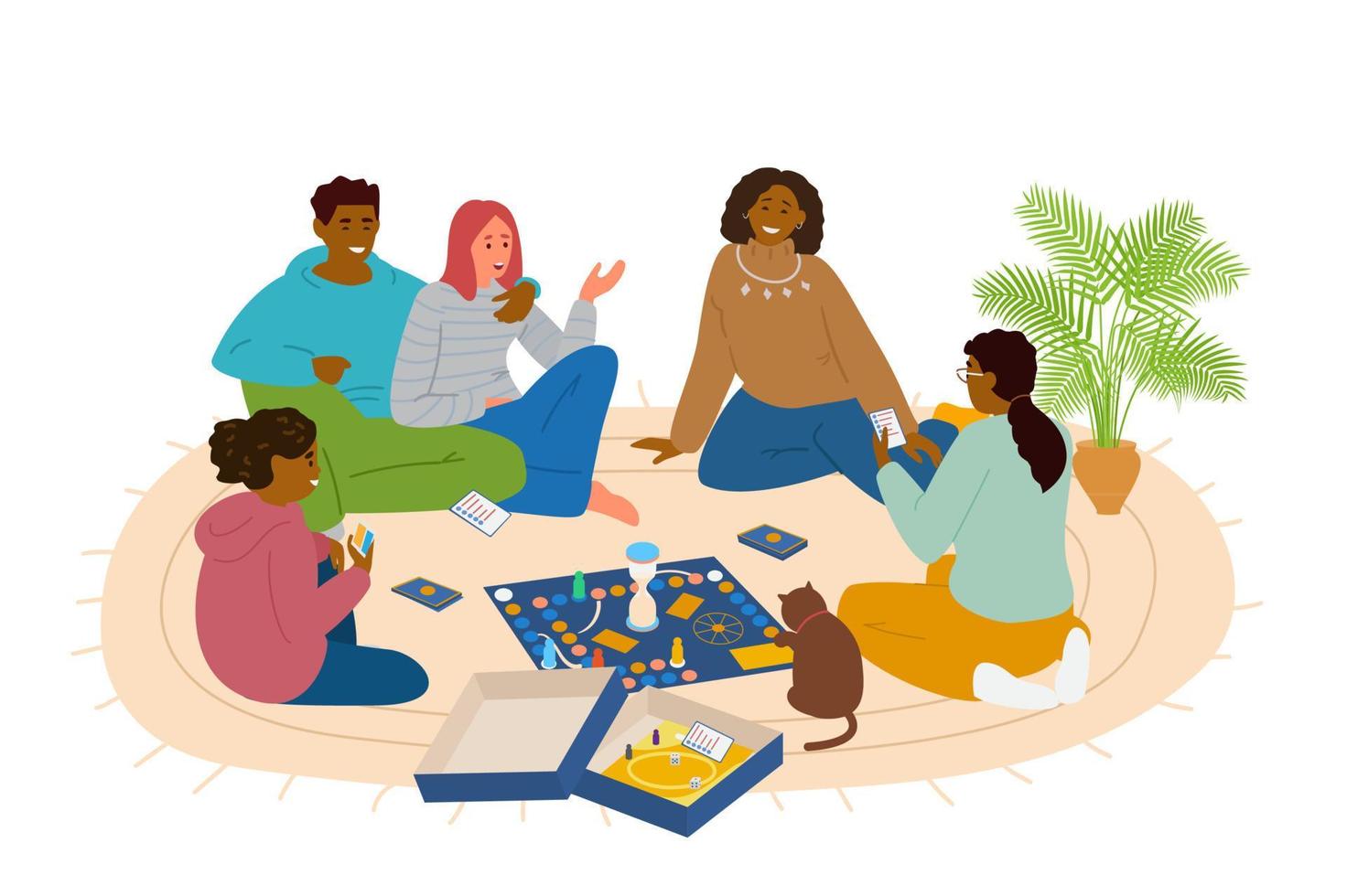 groupe multiracial d'amis jouant au jeu de société à la maison assis sur l'illustration vectorielle du sol. jeu de devinettes. vecteur