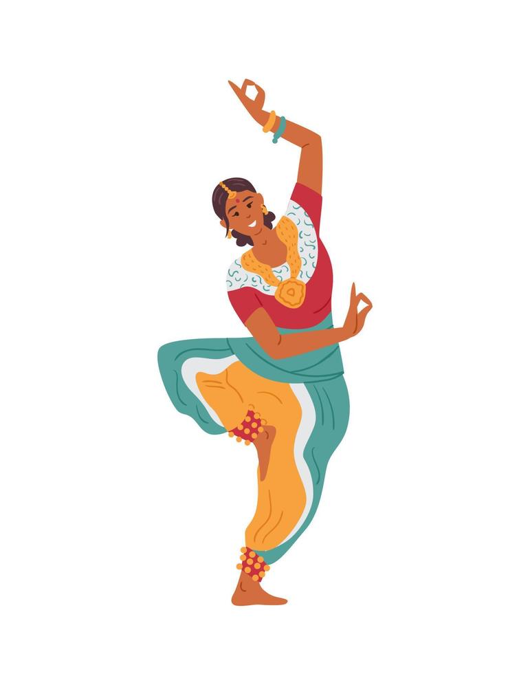 femme indienne en tenue traditionnelle dansant. illustration vectorielle de personnage féminin asiatique. isolé sur blanc. vecteur